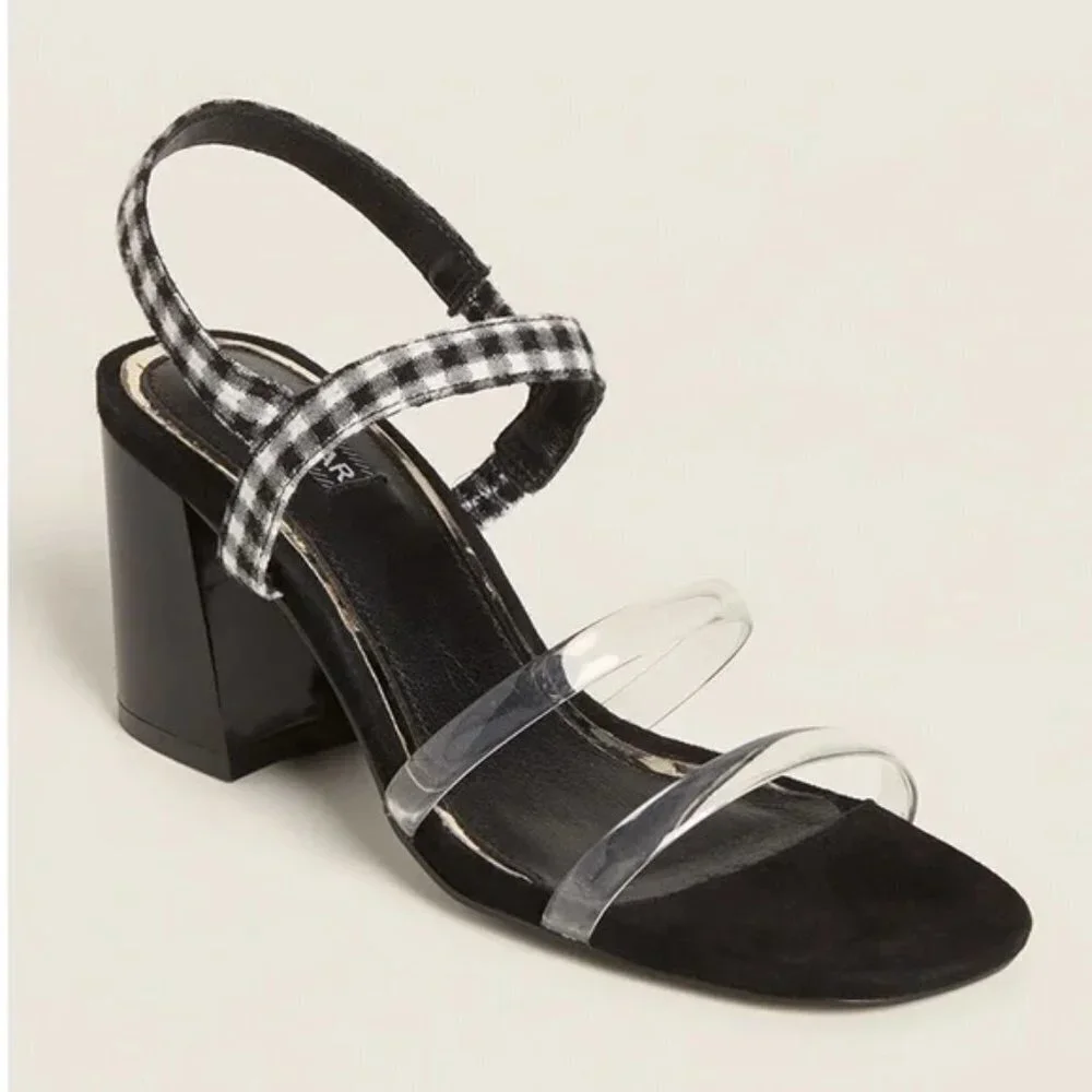 JAGGAR Black & White Candy Gingham Slingback Block Heel Summer Sandals